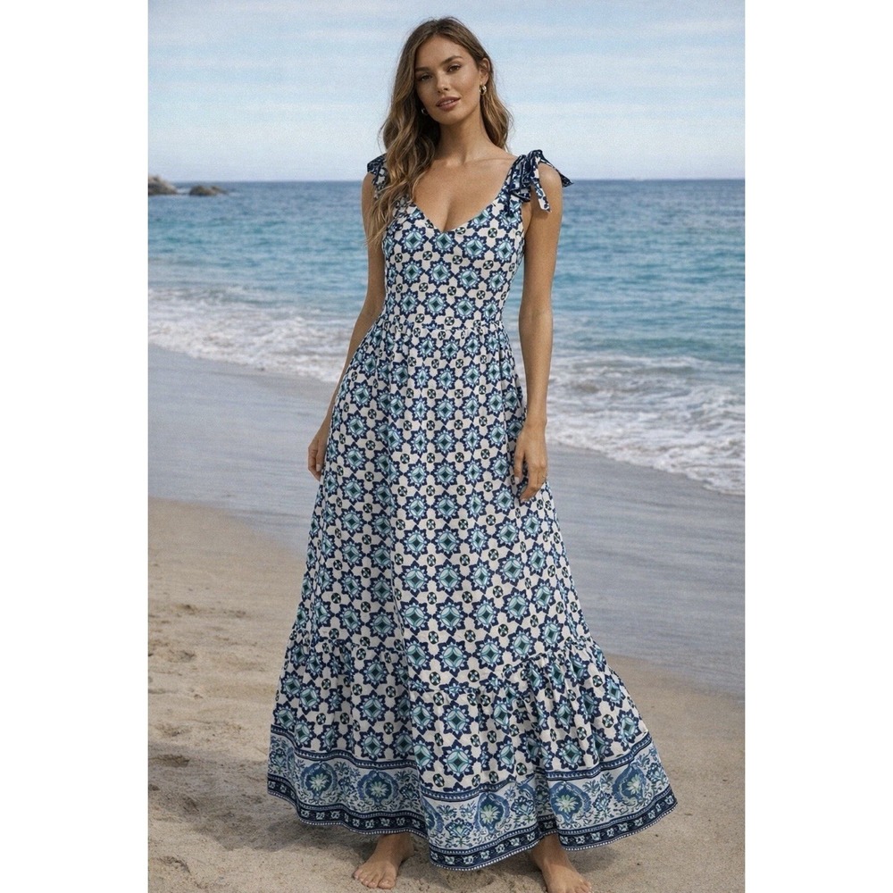 Lucky Brand Sleeveless Ruffle Tiered Maxi Dress Sz Small Blue Geometric Boho NWT